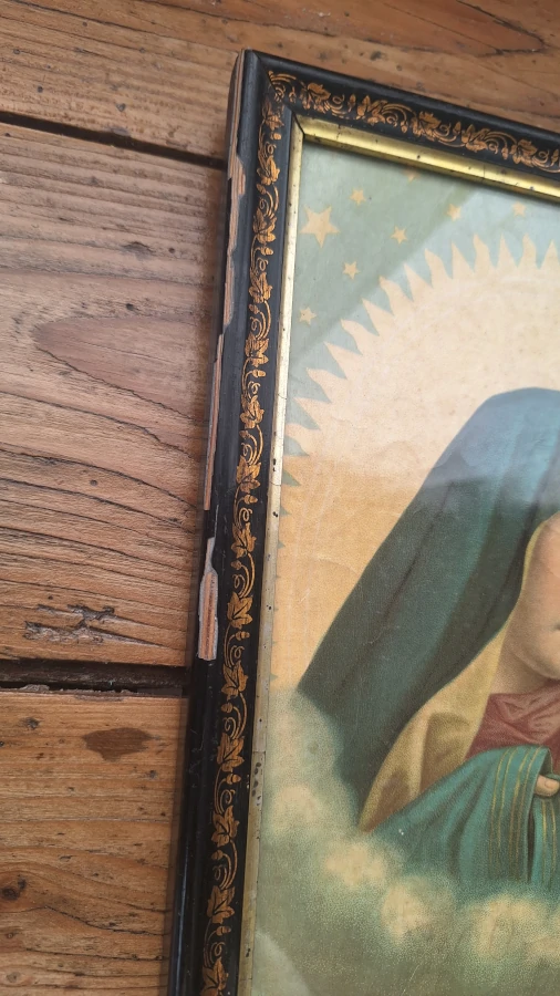 Chromolithographie - Vierge Marie en larme sous cadre ancien Cadre 1