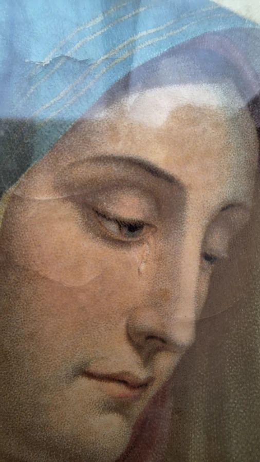 Chromolithographie - Vierge Marie en larme sous cadre ancien larme