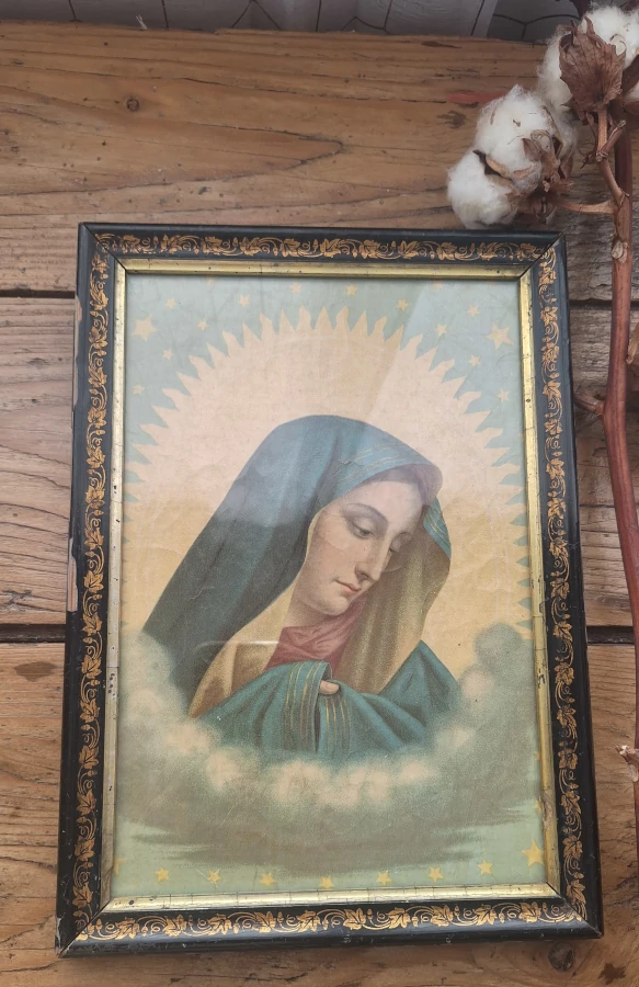 Chromolithographie - Vierge Marie en larme sous cadre ancien