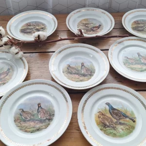 Lot de 8 assiettes - Service porcelaine véritable P.L Mehun : Gibiers