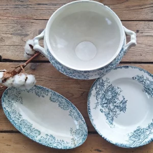 Soupière et Ravier Lucerne et Assiette Pavots (Saint-Amand).