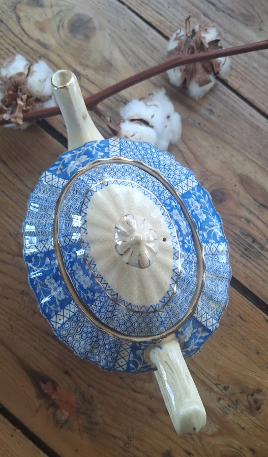 Théière anglaise victorienne Blairs China bleu cobalt (1880-1900)